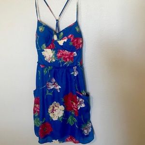 American Eagle Blue Floral Crossback Smocked Dress
